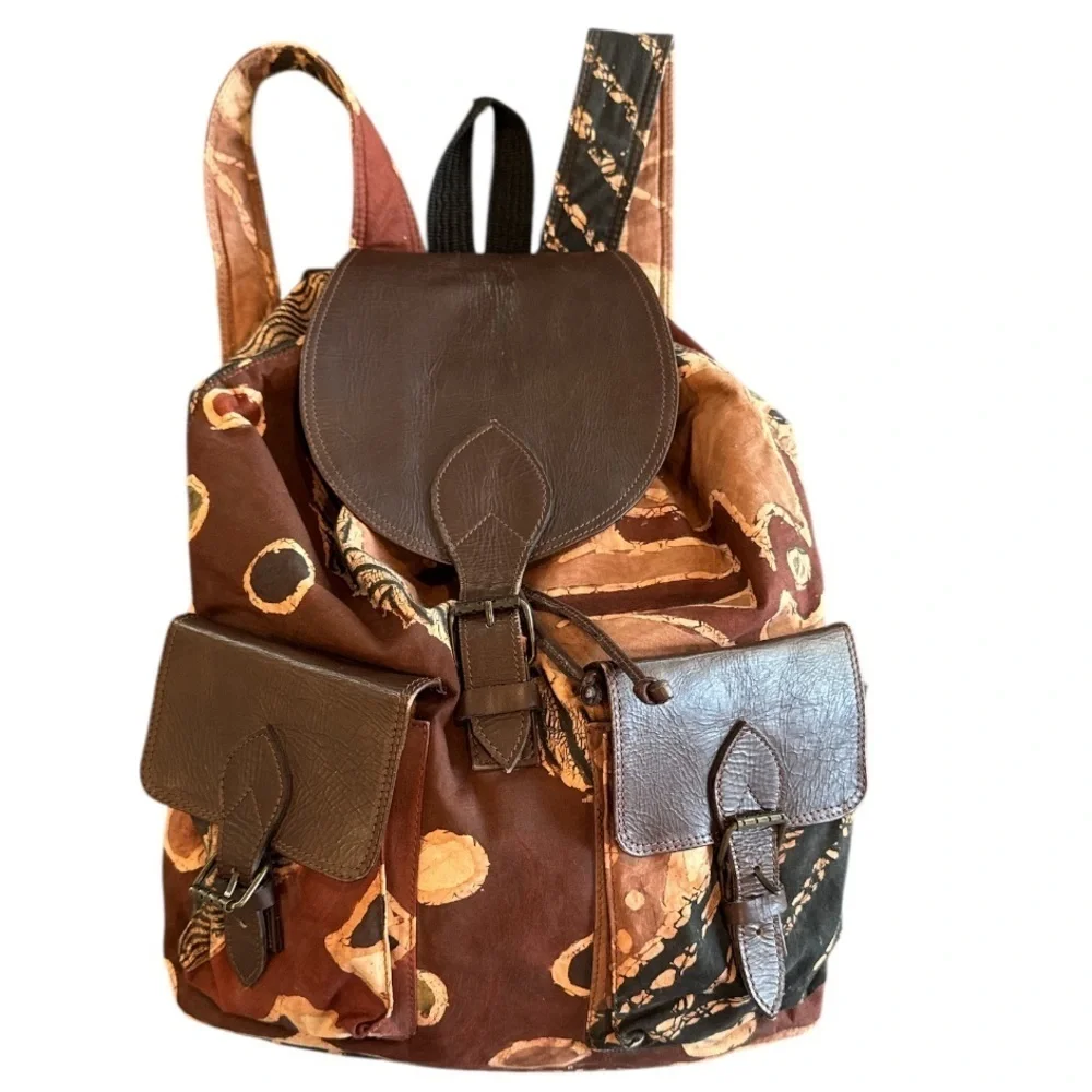 The Trading Company Brown Batik Print Cloth & Leather Backpack NWOT